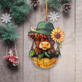Bonito adorno acrílico de vaca de las tierras altas, decoración colgante de animales de granja con girasol, regalo rústico para amigos, familia o decoración de día festivo