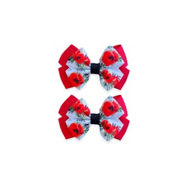 MeiMei Remembrance Day Red Poppy Flowers 3.25 inch Hair Bow with Barrettes, Alligator Hair Clips, Handmade Girls Women Butterfly Hair Bow Accessories, 2 pieces (Poppy 5, Double BTF25 Bow，Clips)
