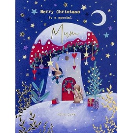 Paperlink Special Mum Christmas Card - Rabbits in a Toadstool House Embossed with Foil Details - Eco-Friendly and Recyclable, 203 x 153mm, Navy, Gold, White, Green, Red