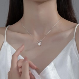 SLUYNZ 925 Sterling Silver Pearl Rabbit Pendant Necklace for Women Teens Easter Rabbit Chocker Necklace Chian (A-SILVER)
