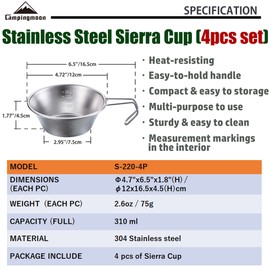 CAMPINGMOON 2pcs/4pcs Set Stainless Steel Camping Sierra Cup 310ml (4pcs Set)