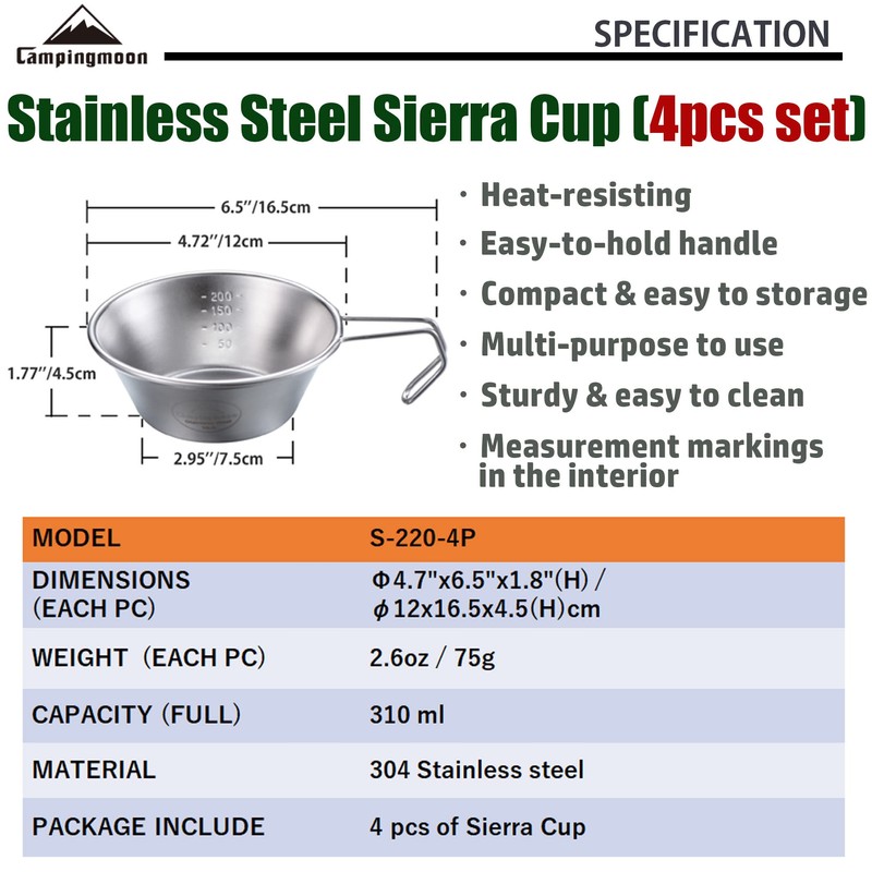 CAMPINGMOON 2pcs/4pcs Set Stainless Steel Camping Sierra Cup 310ml (4pcs