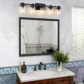 5 Light Bathroom Vanity Light, Black Bathroom Lighting Fixtures with Clear Glass Shade, Matte Black Finish and Copper Accent Socket, Modern Black Vanity Lights for Bathroom Over Mirror