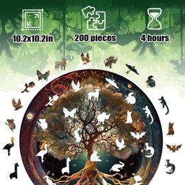 Wooden Puzzle Adults, Tree of Life Wooden Puzzles 200 Pieces, Unique Animal Shape Wooden Puzzle, Creative Christmas Gifts for Teenagers and Adults, Diamond Painting Set