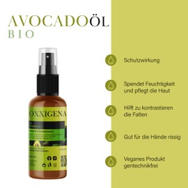 Oxxigena - Organic Avocado Oil 100% Pure 100ml Packaging Gives Smoothness and Elasticity to the Skin, Ideal for Dry and Devitalised Skin, Vegan and GMO Free