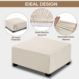 NeColorLife Velvet Ottoman Cover Rectangle Storage Ottoman Slipcover Thick Stretchable Footrest Stool Covers with Elastic Band for Rectangular and Square Ottoman(Medium Size,Cream)