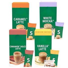 Flavoured Instant Coffee Latte Variety Pack - Caramel, White Mocha, Cinnamon, Vanilla - Rich & Creamy Café-Style Coffee at Home or Work, 20 Sachets Total