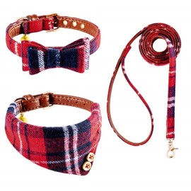 BINGPET Dog Collar Bandana Lead Set, Dog Collar, Includes Bell, Basic Collar, Check, Adjustable, Leather, Soft, Cute, Stylish, Ultra Lightweight, Breathable, Includes Handle, Metal Ring, Mesh, Cats,