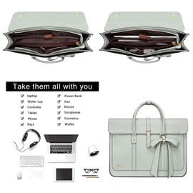 MOSISO Laptop Bag for Women, 13-14 inch PU Leather Laptop Shoulder Bag Convertible Backpack, 13.3 inch Messenger Bag Casual Handbag Work Briefcase Travel Computer Bag with Bowknot, Sage Green
