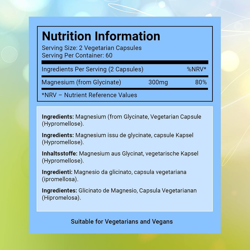 Magnesium Glycinate Capsules - 300mg Pure Elemental Magnesium per Serving,