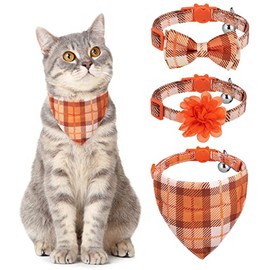 VKPETFR Breakaway Cat Collar with Bow Tie and Bell, Cute Flower & Bandana, 3 Pack Safety Buckle Kitten Collars, Adjustable Pet Collar for Girl Boy Cats Puppy