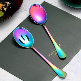 6 Pieces Serving Spoons Set, 8.7 Inch Serving Spoon, Includes 3 Serving Spoons and 3 Slotted Spoons, Stainless Steel Buffet Banquet Spoons, Large Spoons Utensils Cutlery Set for Kitchen, Colorful
