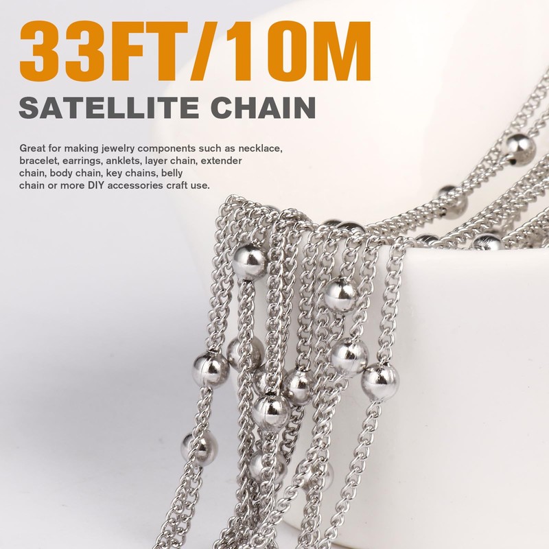 33 Feet Stainless Steel Satellite Bead Chains Roll, 2mm 304