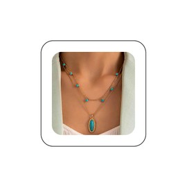 Inilbran Boho Layered Turquoise Pendant Necklace Vintage Turquoise Oval Choker Necklace Gold Turquoise Beads Necklace Turquoise Oval Chain Necklace Jewellery for Women or Girls, Zinc