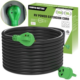 CAMPER MATTERS 30 Amp 50 FT RV Power Extension Cord with Reverse Polarity LED Light, TT-30P to TT-30R, Heavy Duty PVC Jacket, Easy Plugin Handle, Colorful Storage Bag, and Plastic Strap Organizer