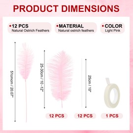 PATIKIL 12 Pcs Natural Ostrich Feathers 10-12 Inch / 25-30 CM Large Ostrich Feather Kit for Crafts, Vase, Home Decoration, Wedding, Party, Centerpieces, Flower Arrangement (Light Pink)