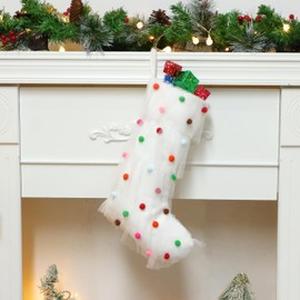 Hopearl Pom Pom Pleated Christmas Stocking Ruffle Lace Boho Style Sock Ultra Soft Dreamy Holder Ornament Luxury Gifts Bags for Family Xmas Tree Party Supplies, Cream, 18''