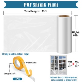 Window Insulation Kit, 63 × 394 Inch Plastic Window Coverings for Winter, Thicken Window Shrink Film Insulator Kit Windows Waterproof Winterizing with 4 Double-Sided Tape for 10 Pcs 3 x 5 Ft Windows