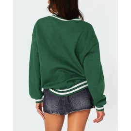 PRETTYGARDEN Women's Oversized Sweatshirts Casual Long Sleeve Stripes Knit V Neck Pullover Top Fall Teens Preppy Clothes(Green,X-Large)