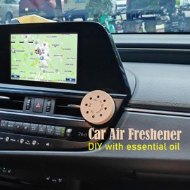 Earffloz Refillable Vent Clip Air Freshener for DIY Car Scent with Essential Oils, Dia. 6cm Round Wood Diffuser for Various Fragrance Oil, 6ml Capacity Making 30 Days’ Long Last Fresh (Empty 2 Sets)