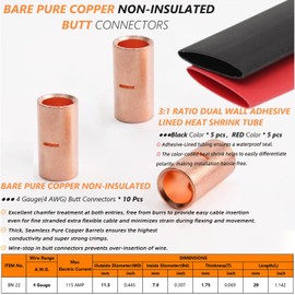 SVAAR 10PCS 4 Gauge Butt Connectors 4 AWG Non Insulated Butt Splice Connectors Uninsulated Crimp Butt Splices Kit Bare Pure Copper Seamless Barrel Butt Terminals for Auto Repair 10PCS 3:1 Heat Shrinks