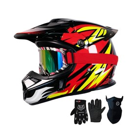 Loyoriwy DOT Certified Kids Motocross Helmet for Ages (4-16) ，Youth ATV，Motocross，Mountain Bike Helmet with Goggles, Gloves ，Adjustable Ventilation for Boys and Girls(RED, S)