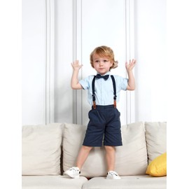 A&J DESIGN Roap para Bebé Niño de Mangas Cortas Verano Traje Formal para Boda con Camisa Azul, Pantalones Marinos, Tirante y Pajarita, 4-5 Años