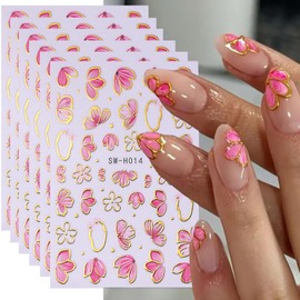 6Pcs Flower Nail Art Stickers Decals, Spring Floral Nail Stickers 3D Self-Adhesive Nail Decals Bronzing Pink Cherry Blossoms Nail Art Supplies Flower Petal Nail Accessories for Women Nail Decoration