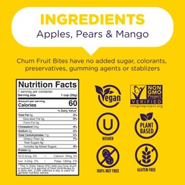 Chum Fruit Bites 100% Real Fruit Snacks | Mango, 40 Pack | Non-GMO, No Added Sugar or Preservatives | Top 12 Allergen and School Friendly, Nut-Free, Gluten-Free, Vegan, Kosher, Paleo