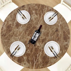 LUSHVIDA Round Vinyl Waterproof Table Cover, Fits Up to 45''-56'', Marble Brown
