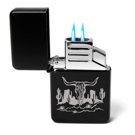 Dual Flame Torch Lighter Cow Skull Cactus Desert Western Scene (Black)
