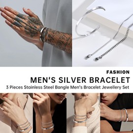 Men's Bracelet, Stylish Stackable Cuff Bracelets for Men, Men's Bracelets Made of Silver Plated, Tarnish Resistant, Fashionable Stackable Jewellery as a Gift for Dad or Husband, One size, Stainless