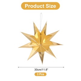 MECCANIXITY 3 Pcs Paper Star Lanterns 9-Pointed 12" Hanging Star Paper Lantern Hanging Lampshade for Christmas,Wedding,Graduation Party Supplies, Gold