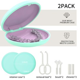 HEMILAB® 2 Pack Retainer Case, Slim Orthodontic Aligner Case Compatible with Invisalign, Removal Tool and Brush, Mint Green