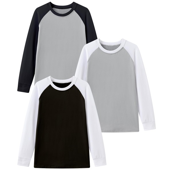 HIBETY Boy's 3 Pack Fleece Lined Long Sleeve Sweatshirts, UPF 50+ Sun Protection Athletic Shirts for Kids Black/Grey-White/Black/White-02-L