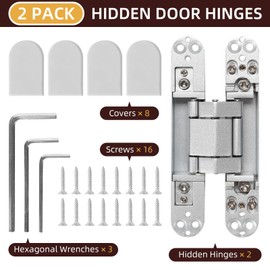 6 inch Hidden Door Hinges Invisible Hinges, 2 Pack Heavy Duty Zinc Alloy 3 Way Adjustable Butt Hinge 180 Degree Swing Hinge, Silver