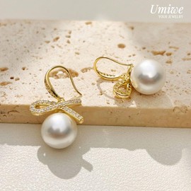 Umiwe Earrings, Metal Allergy-free, Women's, Second Earrings, S925 Silver, 14k Plated, Both Ears, Cute, Swinging Ribbon Pearl Earrings, Birthday, Celebration, Gift, Silver, Cubic Zirconia