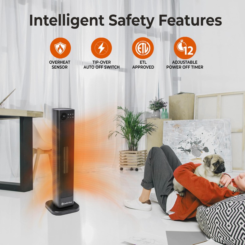 Comfort Zone Oscillating Tower Space Heater with Remote Control for