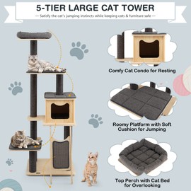 PETSITE 69" Tall Wooden Cat Tree Tower, Modern Cat Activity Center Tree with Sisal Posts & Scratch Board, Condo & Top Perch for Kitchen & Large Cat, Grey