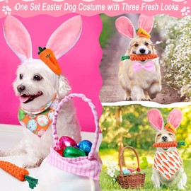 4 PCS Easter Dog Costumes Cute Bunny Ears Headband Reversible Eggs Puppy Bandana Bowtie Pink Easter Outfits for Small Medium Large Dogs Funny Carrot Rope Chew Toys Birthday Party Accessories