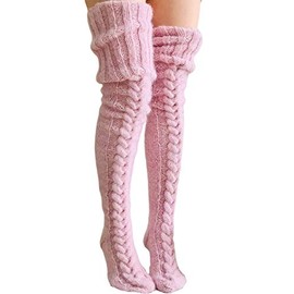 Springcmy Womens Girls Winter Cable Knit Over Knee Socks Thigh High Long Boot Socks Stocking Leg Warmer (A-Pink, One Size)