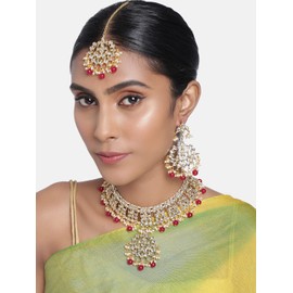 Aheli Indian Traditional Maang Tikka with Kundan Necklace Earrings Set Ethnic Wedding Party Designer Jewelry Gift for Women