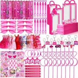 CHOOHC 152pcs Pink Party Favors for People, Birthday Party Favors Kit Keychain Bracelet Bubble Stickers Straws Heart Sunglasses Little Skirt Hot Pink Princess Birthday Party Supplies
