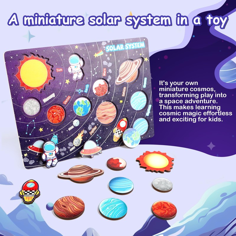 Wooden Solar System Puzzle for Kids, Montessori Toys Movable Planets
