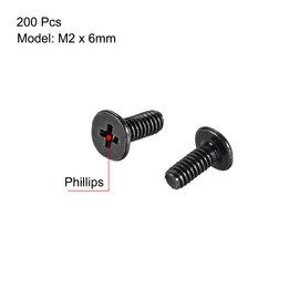 uxcell M2x6mm Phillips Screw Fastener Black 3.8mm Dia Screw Head for Laptop PC TV Fan Switch 200pcs