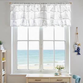 jinchan White Ruffled Sheer Valance Curtain Coastal Themed Kitchen Valance for Cabinet Small Window Living Room Light Filtering Seashell Starfish Printed Farmhouse Half Window Curtain 18 Inch 1 Panel