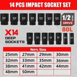 TONYNOL 1/2 Inch Drive Deep Impact Socket Set,6-Point, Metric Sizes(25-50mm),14 PCS,Cr-Mo Steel,Heavy Duty Impact Sockets for Automotive & Industrial Machinery,With a Storage Case