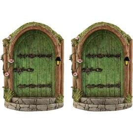 2Pcs Green Fairy Door Wooden Miniature Fairy Garden Doors Outdoor Mini Fairy Gnome House Accessories for Tree Trunk Ornaments Garden Miniatures, Garden Sculptures, Outdoor Statues Garden Miniatures