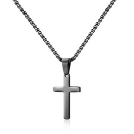 M MOOHAM 24 Inch Black Steel Necklace - Unisex Plain Cross Pendant Necklace with Chain - Minimalist Silver Jewelry Gift for Men and Women