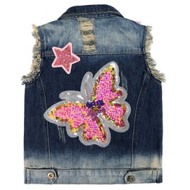 Yao 4-10Y Toddler Girls Denim Sequin Vest Distressed Jean Jacket(Butterfly,7-8Y)